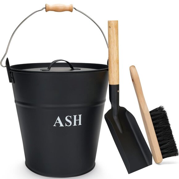 Ash Bucket With Lid & Wooden Handle Set: Metal Ash Bucket Shovel & Brush - Picture 1 of 1